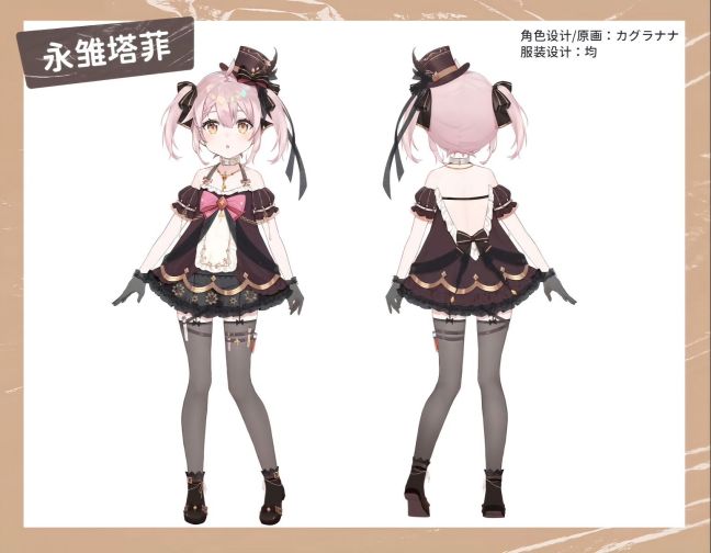永雏塔菲的角色设计图，正面与背面服装设定